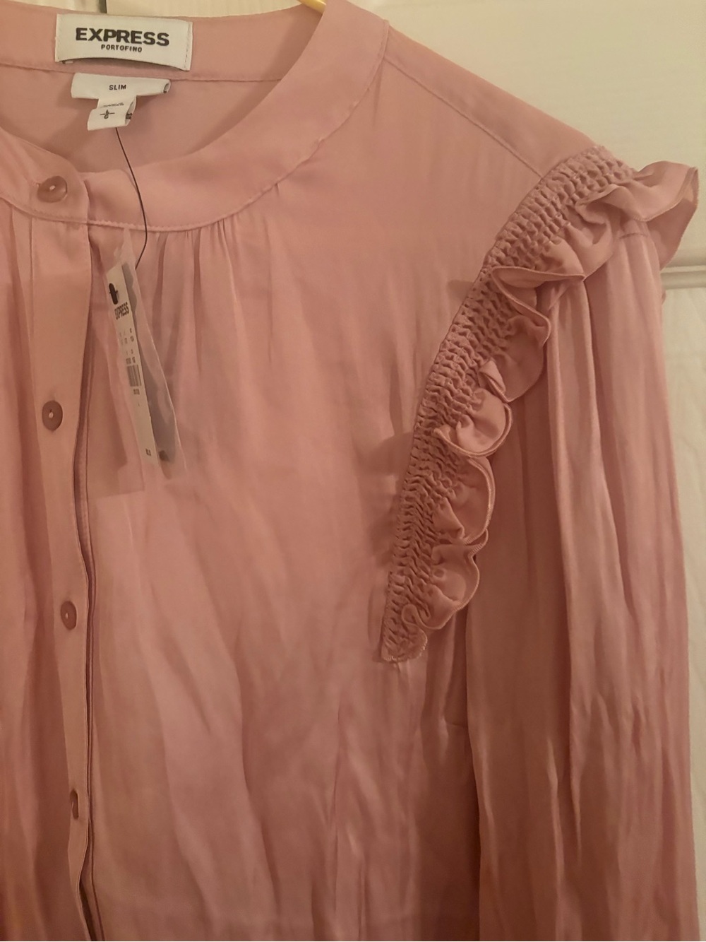 Express Blush Pink Ruffle-Shoulder Button-Down Blouse - Picture 2 of 6